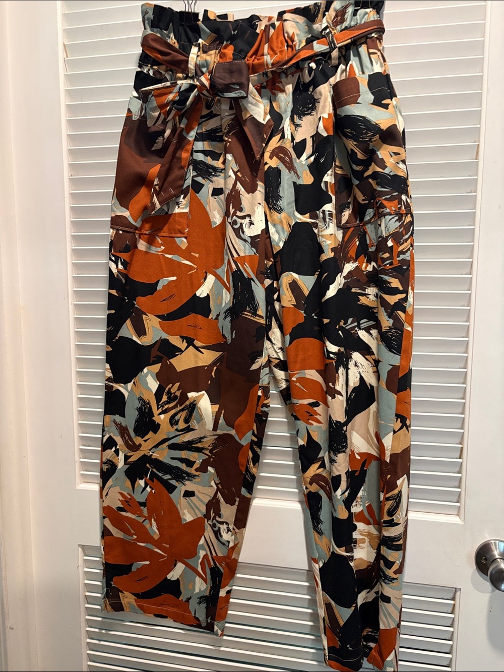 Ashley Stewart High-Waist Paperbag Tie-Waist Pants in Rust Multi